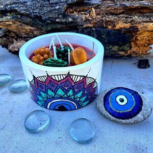 Mandala full color small cement pot 5 inch candle